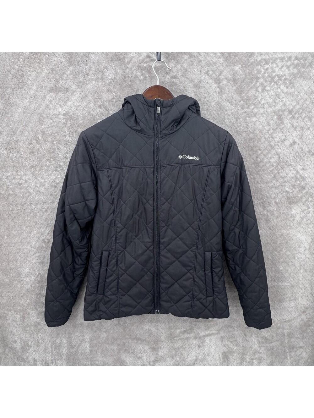 Columbia Jacket Womens Medium Black Quilted Hooded Full Zip Fleece Lined Warm